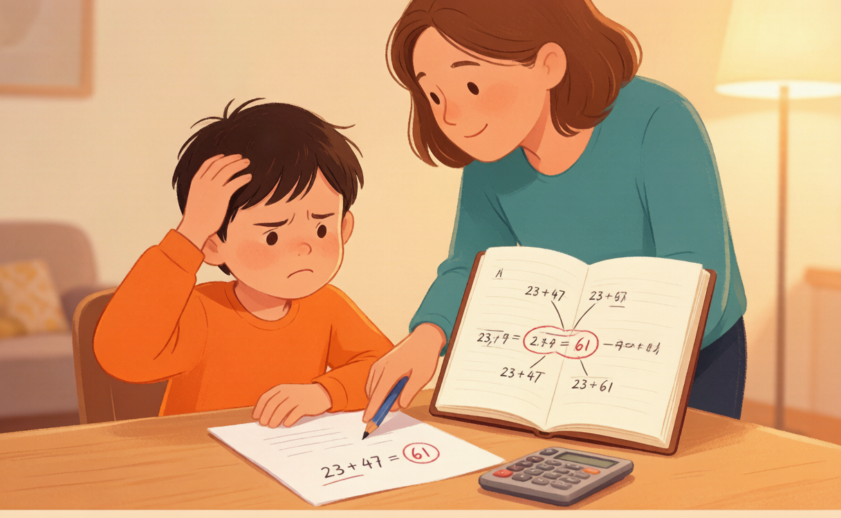 封面:孩子对着一道反复做错的题皱眉,家长用多题综合分析本帮ta圈出同类错的示意场景